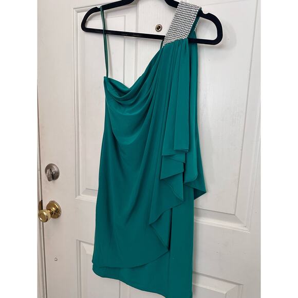VTG Cache Dress Rhinestone One Shoulder Cocktail Mini Green Women’s Y2K Size 2 - Picture 3 of 9